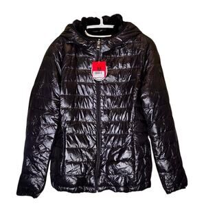 Reversible Shiny Nylon Faux Fur Hooded Puffer Pockets Washable NWT sz M